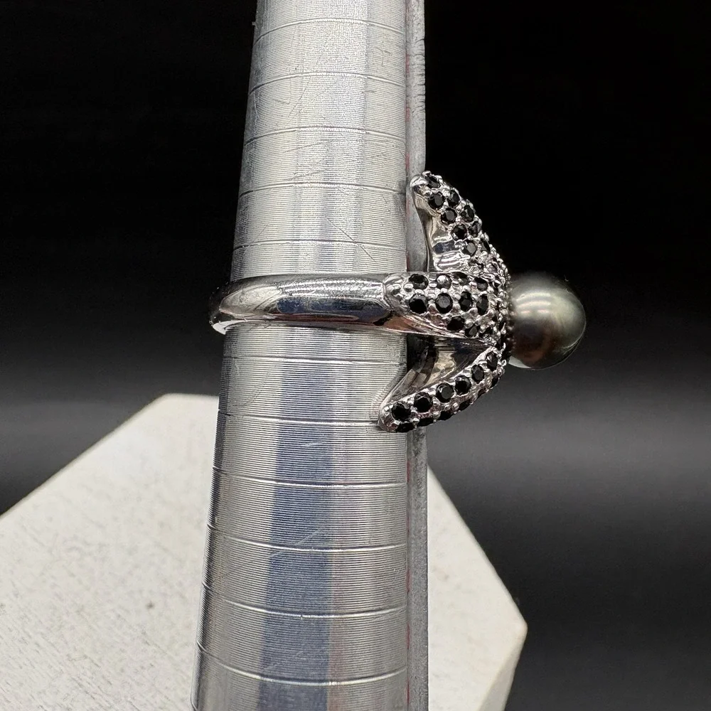 Ww Starfish Ring Women 7.5 Silver Excellent Black Spinel Pearl Statement 925